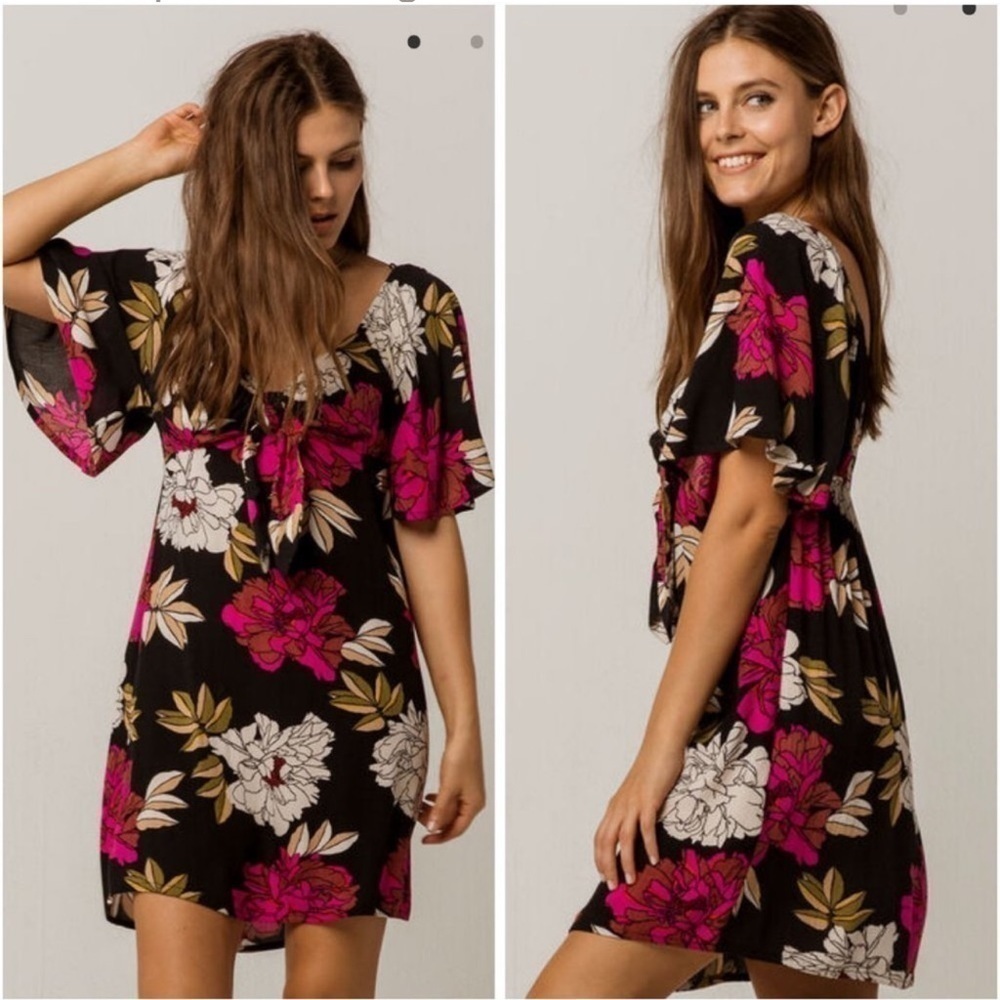 🌺Billabong,Striking Floral Mini Dress, Lovely Front Tie/Forms Neckline,Size S - Picture 4 of 13